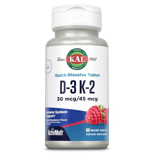 KAL Vitamin D3 K2 ActivMelts - Immune Support Supplement w/Vitamin D as D3 and MK7 VIT K2 - Supports Calcium Absorption for Strong Bones, Quick-Dissolve Tablets, Natural Raspberry Flavor, 60 Servings