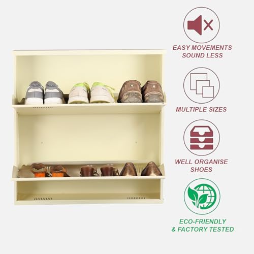 Image of Metal Shoe Rack Wall Mounted for Home with Central Locking | 2 Door 28 inch Wall Mounted Metal 6 Pair Shoe Rack Cabinet | Pre-Assembled Rack Shelves | 3 Year Warranty (Ivory)