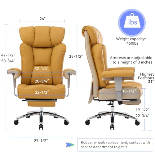 Efomao Big and Tall Green Office Chair 450LBS – Ergonomic High-Back Executive Chair with Footrest, Adjustable Padded Armrests, PU Leather Computer Chair with Lumbar Support for Home or Office, Yellow