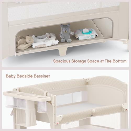 Image of Obee Odee 4 in 1 Baby Bassinet, Pack and Play, Bedside Crib Sleeper, Diaper Changer - Comes with Mattress, Mosquito Net, Bottom Storage and Toy Bar for Newborn to Toddles