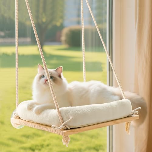 Cat Window Perch, Rustic Cat Hammock Bed with Solid Wood Seat 4 Heavy Duty Suction Cups, Plush Cushion, Indoor Pet Window Hammock for Cats for Large Cats Medium