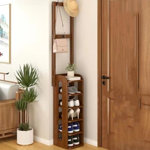 Perchero 4 en 1 con 3 ganchos y banco de almacenamiento de zapatos, diseño de madera resistente para pasillo y entrada, 26 x 26 x 183 cm, organizador elegante y funcional para el hogar