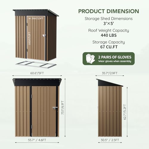 Image of 3x5 FT Outdoor Metal Storage Shed with Floor Frame, Single Door, 1 Clear Window, Tool Shed for Garden, Patio, Backyard Brown