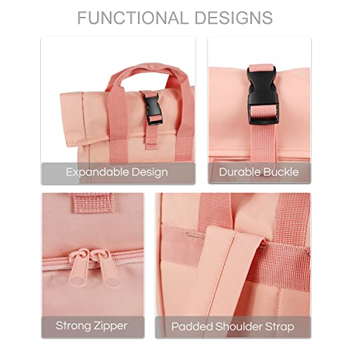 Kdwave Travel Backpack Pink For Women Men17 Inch Large Capacity Roll Top Carry-On Casual Everyday Daypack Eco Friendly Bag With Adjustable Padded Straps For Work Outdoors #TOP3