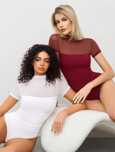 Image of Avidlove Women's Short Sleeve Bodysuit Turtle Neck Body Suits Mesh One Piece Leotard Going Out Tops Date Outfits