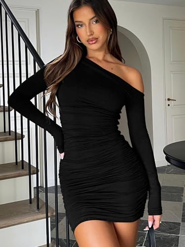 Mokoru Women's Sexy Elegant Off Shoulder Long Sleeve Ruched Bodycon Cocktail Party Mini Dresses4