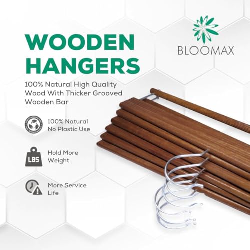 Image of BLOOMAX 14‑Inch Wooden Trouser Hangers | Walnut Finish | German Technique | Non‑Slip Bar & 360 Swivel Hook | Pack of 12 Premium Wardrobe Hangers | Made in India