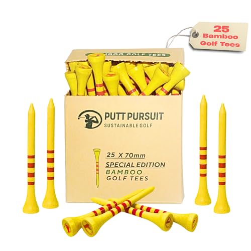 Putt Pursuit Camisetas amarillas de 7 cm y 70 mm con 4 rayas rojas (paquete de 25) – 70 mm de edición especial – Material de madera de bambú natural de alta calidad – Resistente y biodegradable –