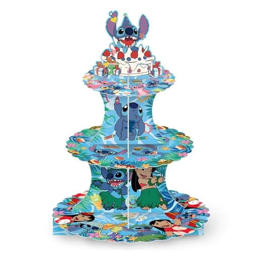 Stitch Themed Party Supplies and Decorations, a Three-Tiered Cupcake Stand, a Display Stand for Birthday Desserts and Cakes, which is Suitable for Cute-Style Birthday Decorations.
