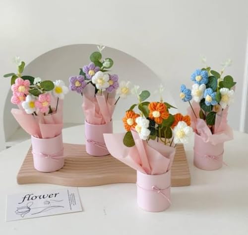 Image of Artificial Crochet Flower Bouquet Handmade Cotton Flowers Bunch for Home Decor, Gift for Girls, Wedding, Festival Decoration, Long Lasting Floral Arrangement (Flower Pot (Blue))