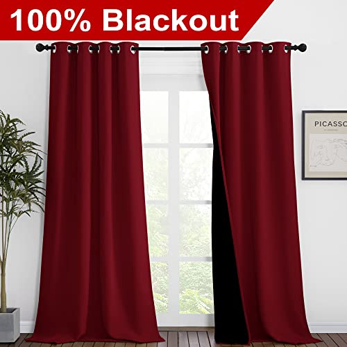 Image of NICETOWN Truly Blackout Drapes for Living Room, Heavy-Duty Full Light Shading Curtain Set with Black Liner Backing for Villa /Hall /Dorm Window（Burgundy Red, Set of 2, 46 inches Wide x 90 inches Long