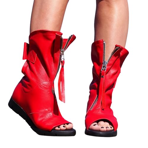 Elegant Red Open Toe Leather Boots with Zipper & Bow - Stylish Women's Footwear - Extravagant and Comfortable Ankle Peep Toe Booties with Cut-Out Design, Size 5 to 10