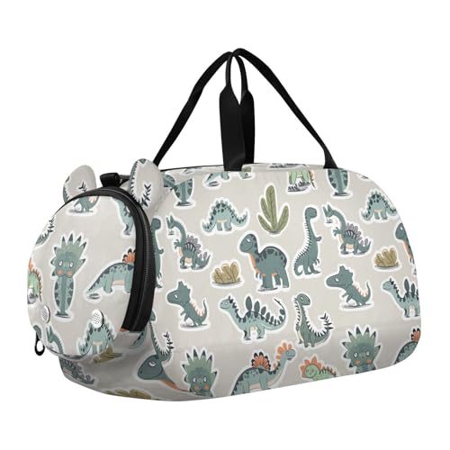 Sticker Style Animal Dinosaur Vector Kids Duffel Bag with Shoes Compartment Lightweight Overnight Travel Weekender Tote for Travel, Swimming, Dance, Ballet bolso para gym