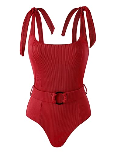 Tsmeza Women's Belt One Piece Swimsuits Tie Shoulder Bathing Suits Tummy Control Swimwear Red #TOP3