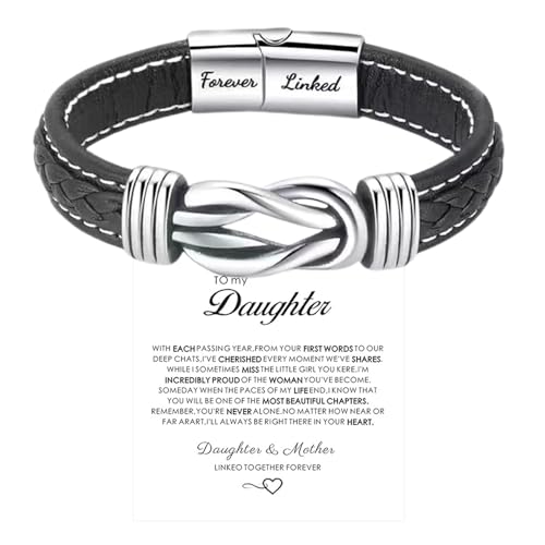 To My Daughter Love You Forever Bracelet, Mother and Daughter Forever Linked Together Braided Leather Bracelet, Inspirational Wristband for Women Infinity Knot Engraved Bangle Gift from Mom