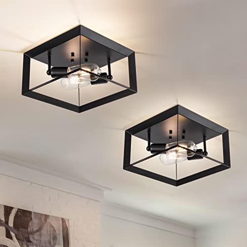 Brfaixla 2 Pack Semi Flush Mount Ceiling Light Fixture Black 11" Modern Industrial Square Metal Close To Ceiling Light Farmhouse Lighting Fixture For Kitchen Island Living Dining Room Bedroom Foyer #TOP7