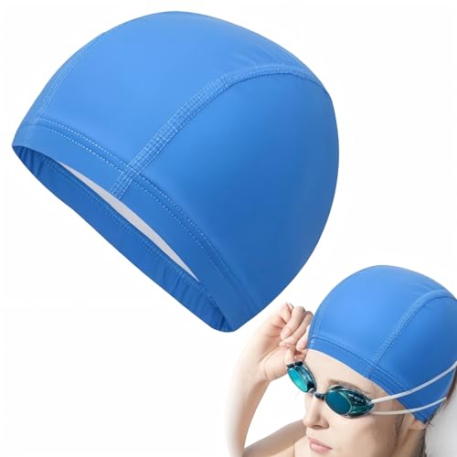 Gorro Piscina Impermeable, Gorro de Baño con Revestimiento de PU, Unisex Gorro de Natación Piscina Mujer y Hombre, Gorro Piscina Niño, Gorro de Natación Mujer Pelo Largo y Corto(Azul)