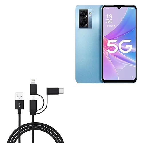 BoxWave Cable Compatible with Oppo A56s - AllCharge 3-in-1 Cable - Jet Black