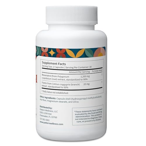 Pattern Wellness Resveratrol with Fisetin – Supports Cellular, Heart & Immune System Health – Promotes Antioxidant Protection – Vegan, Non-GMO, Gluten-Free – 60 Capsules - Thumbnail 3