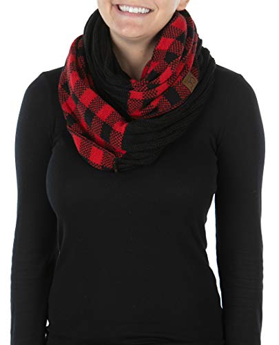 Womens Infinity Scarf Cable Knit Wrap - Black Red - Buffalo Check