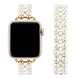 Elastic Pearl Beaded Band Compatible with Apple Watch 38mm 40mm 41mm, Woman Sparkling Bling Diamond Chain Solo Loop Stretch Bracelet Strap Replacement for iWatch Series 9 8 7 6 5 4 3 2 SE (38/40/41mm M, White Gold) -  YONWORTH