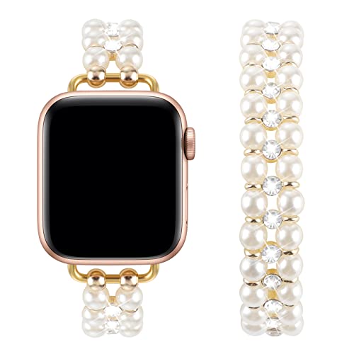 Elastic Pearl Beaded Band Compatible with Apple Watch 38mm 40mm 41mm, Woman Sparkling Bling Diamond Chain Solo Loop Stretch Bracelet Strap Replacement for iWatch Series 9 8 7 6 5 4 3 2 SE (38/40/41mm M, White Gold)