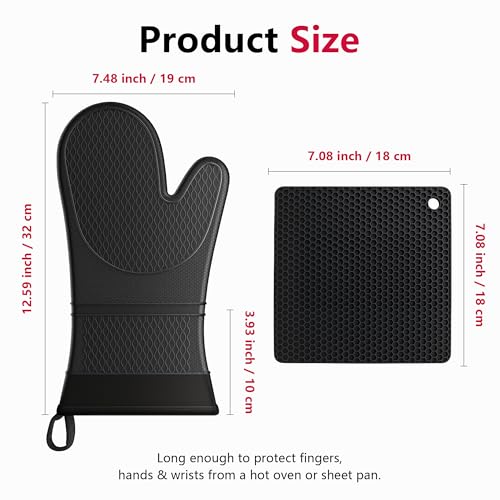 Lazebox Extra Long Silicone Oven Mitts with Pot Holders with Soft Cotton Lining Non-Slip Textured Grip, Heat and Slip Resistant Oven Mitts with Pot Holders for Baking, Cooking, Black