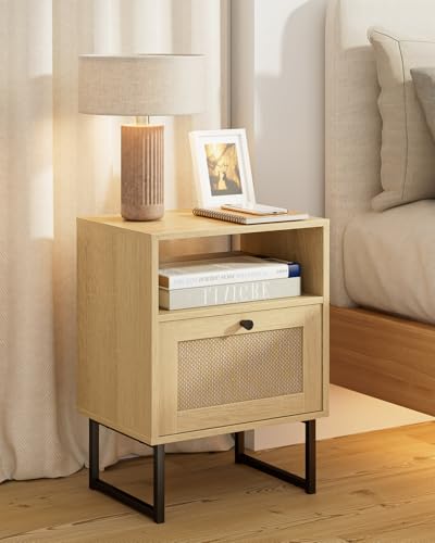 Image of Rattan Nightstand, Boho Night Stand Farmhouse Wood Bedside Table with Storage and Open Shelf, End Side Accent Table for Bedroom,Living Room,Oak