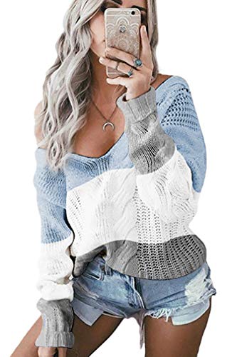 Leslady Sweatshirt Femme Pull Tricoté Col V Chandail Lâche Casual Hiver Automne Haut Manches Longues Top Epaule Dénudée(Small, 1-Bleu)
