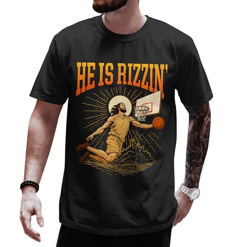 He is Rizzin Shirt for Men - He is Rizzen Tshirt - Rizz Shirts - Funny Christian Tshirts with Humor - Funny Basketball Shirt for Adults - Easter Outfit - Christmas Easter Gift for Women (Black-XL)