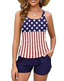 Two Piece Tankini Swimsuits for Women 2026, Tummy Control Bathing Suit with Shorts, Athletic Two Side Pockets Swimwear American flag Large