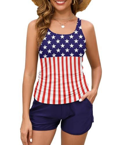 Century Star Two Piece Tankini Swimsuits for Women 2026 Tummy Control Bathing Suit with Shorts Athletic Two Side Pockets Swimwear American Flag Large
