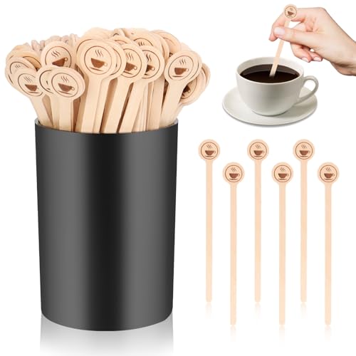 100 PCS Coffee Stirrer and Holder Set 6 inch Wooden Coffee Stirrers with Round Ends Disposable Coffee Stir Sticks Beverage Stirrer Sticks Plastic Drink Stirrer Holder for Cafe Drink Stations Bar