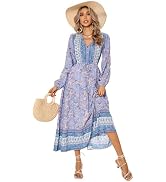 R.Vivimos Women's Long Sleeve Cotton V-Neck Button Up Floral Print Boho Flowy Midi Dresses