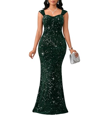 Image of dasmzper Women's Sequin Evening Gown - Elegant Sleeveless V Neck Mermaid Formal Maxi Dress for Wedding, Prom or Party