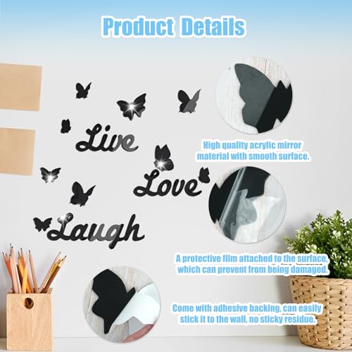 WATUNID Love Live Laugh Wall Stickers, 3D Mirror Wall Decor, Black Butterfly Mirror Stickers for Walls, DIY Mirror Effect Mural Stickers, Removable Motivational Wall Decals for Living Room Bedroom - Image 2
