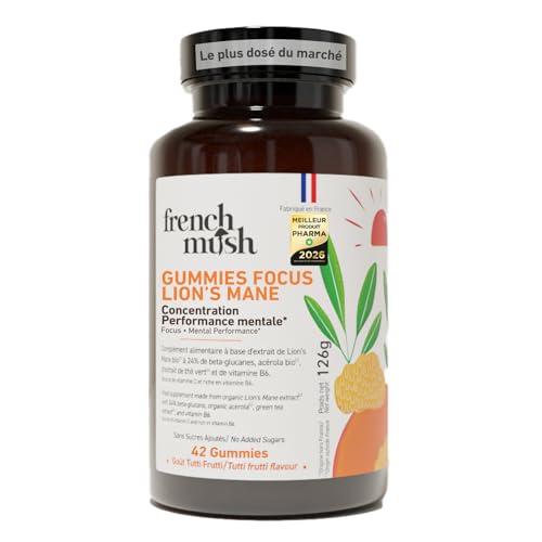 French Mush Lion’s Mane Gummies – Complément Mémoire et Concentration – Multivitamines avec Vitamine C, B6, Acérola et Thé Vert – Bien-Être, Relaxation – 42 Gummies Vegan Multifruits
