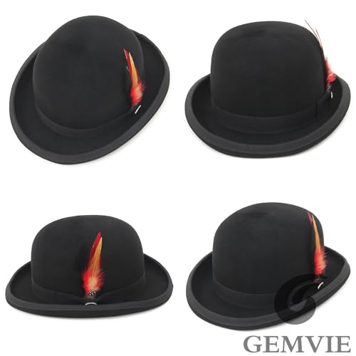 Image of GEMVIE Men's Bowler Derby Hat 100% Wool Bowler Hats for Men with Feather Black Derby Hat Satin Lined