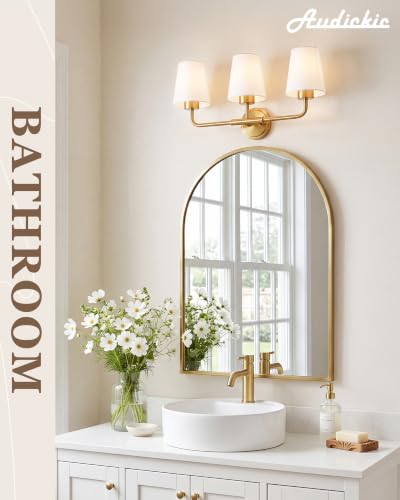 Image of Brushed Gold Bathroom Light Fixtures with White Fabric Shades | 3-light vanity light for bathroom, modern sconces wall lighting for hallway bedroom, ideal for 30-48 inch mirrors, AD-25052-3W-GD