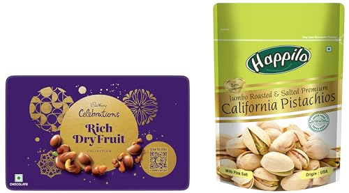 Image of Cadbury Celebrations Rich Dry Fruit Collection Chocolate Gift Box, 177 g & Happilo Premium California Roasted & Salted Pistachios 200 g