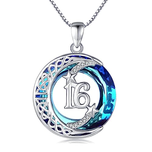 JUSTKIDSTOY Birthday Gifts for Women Girls 925 Sterling Silver Celtic Moon Star Necklace with Blue Crystal Pendant Jewelry for Sister Friends