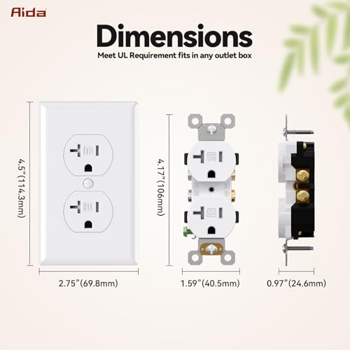 AIDA 20 Amps Outlets Duplex Electrical Receptacle Outlets,Tamper Resistant,Heavy-Duty Receptacle Wall Outlet,Residential,TR,3-Wire, Self-Grounding Clip,Wall Plate Included,UL Listed (20 Pack, White) by AIDA - Image 8