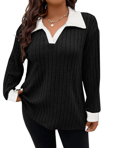 Koscacy Women Plus Size Casual Knit Sweater Lapel V Neck Solid Color Tops Lightweight Long Sleeve Blouses