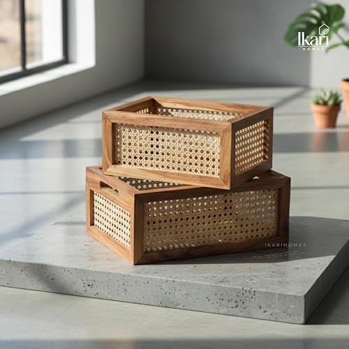 Image of Ikari Homes Duo Weave Rattan Storage Basket with Wooden Frame & Mesh Design | 34x25x15 cm Brown Rattan Organizer Basket for Kitchen, Closet & Shelves | Decorative Multipurpose Storage (Pack of 2)