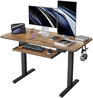 FEZIBO Height Adjustable Electric Standing Desk with Keyboard Tray, 120 x 60 cm Sit Stand up Desk with Splice Board, Black Frame/Rustic Brown Top