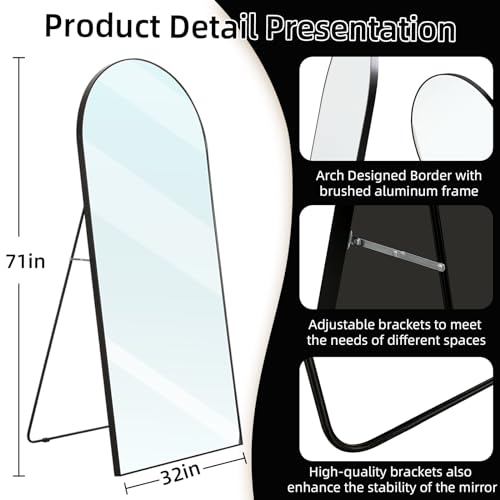 Black Arched Full Length Mirror, 71x32 Big Oversized Mirrors with Stand, Aluminum Full Length Floor Mirror with Arched-Top, Floor Standing Mirrors for Bedroom, Living Room