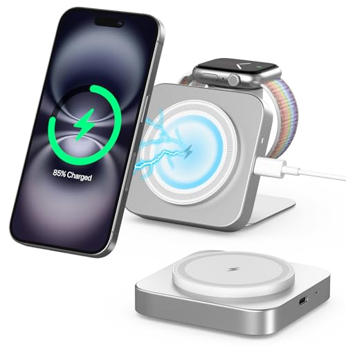 Mag-Safe Ladestation,Tragbare Ladegerät für Apple Watch und iPhone, induktive Ladestation für Reisen kompatibel mit iPhone 16 15 14 13 12 iWatch Serie, Wireless Charger für Airp0ds Pro 3 2 (Silber)