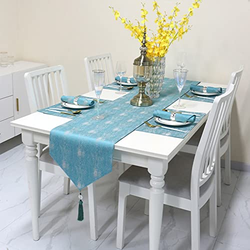 Chemin de table lavable moderne bleu au motif grain d'arbre et finitions soignées