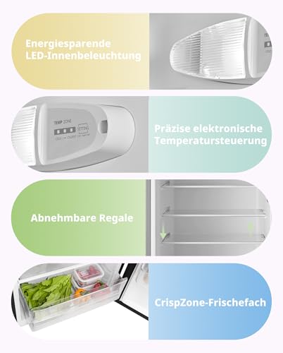 Comfee’ Kühlschrank mit Gefrierfach | 204L Kühl-Gefrierkombination, 143 cm Höhe | 137 kWh/Jahr, Low Frost, Leise 39 dB, LED-Licht, Inverter Kompressor, Freistehend Silber RCT210DS3EU(E)