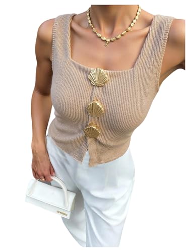 MakeMeChic Women's Metal Seashell Square Neck Tank Sleeveless Split Knit Going Out Crop Tops